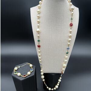 VINTAGE MULTI COLOR BEZEL FAUX PEARL SINGLE STRAND NECKLACE Matching Bracelet